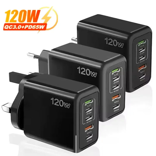 Multi Ports USB C Charger 120W PD Type C Fast Wall Charger EU/US/UK Plug for iPhone Samsung Xiaomi Huawei Mobile Phone Adapter