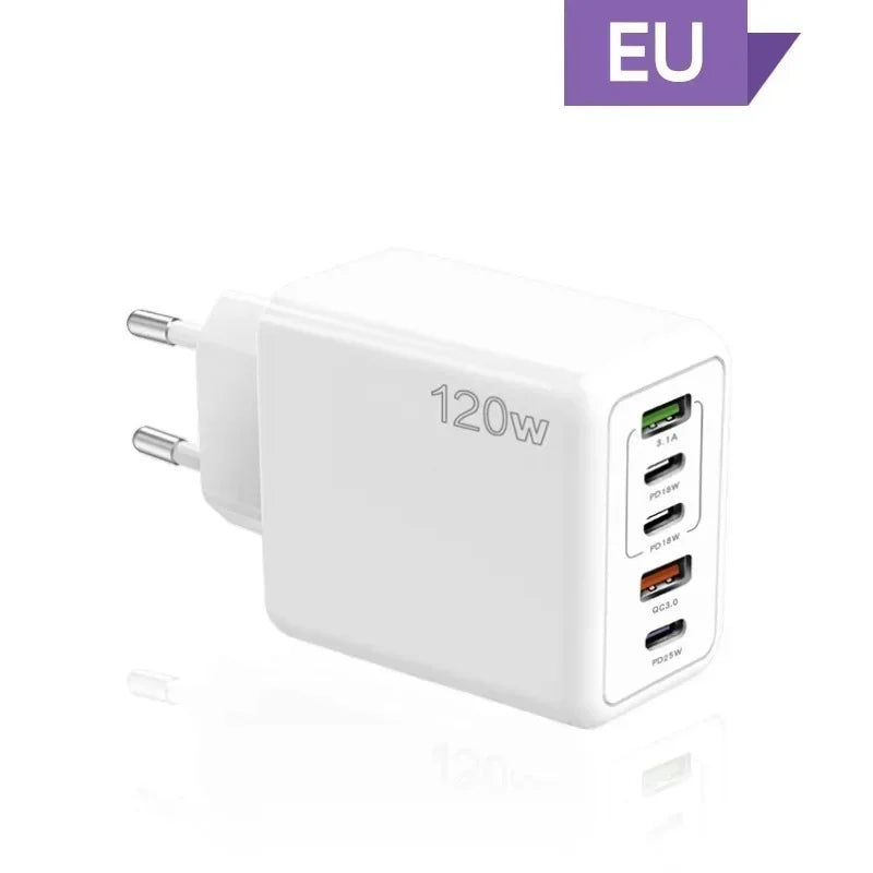 Multi Ports USB C Charger 120W PD Type C Fast Wall Charger EU/US/UK Plug for iPhone Samsung Xiaomi Huawei Mobile Phone Adapter