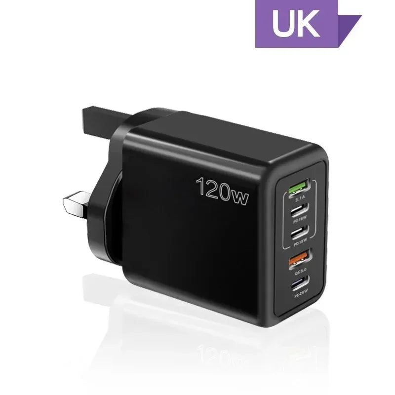 Multi Ports USB C Charger 120W PD Type C Fast Wall Charger EU/US/UK Plug for iPhone Samsung Xiaomi Huawei Mobile Phone Adapter