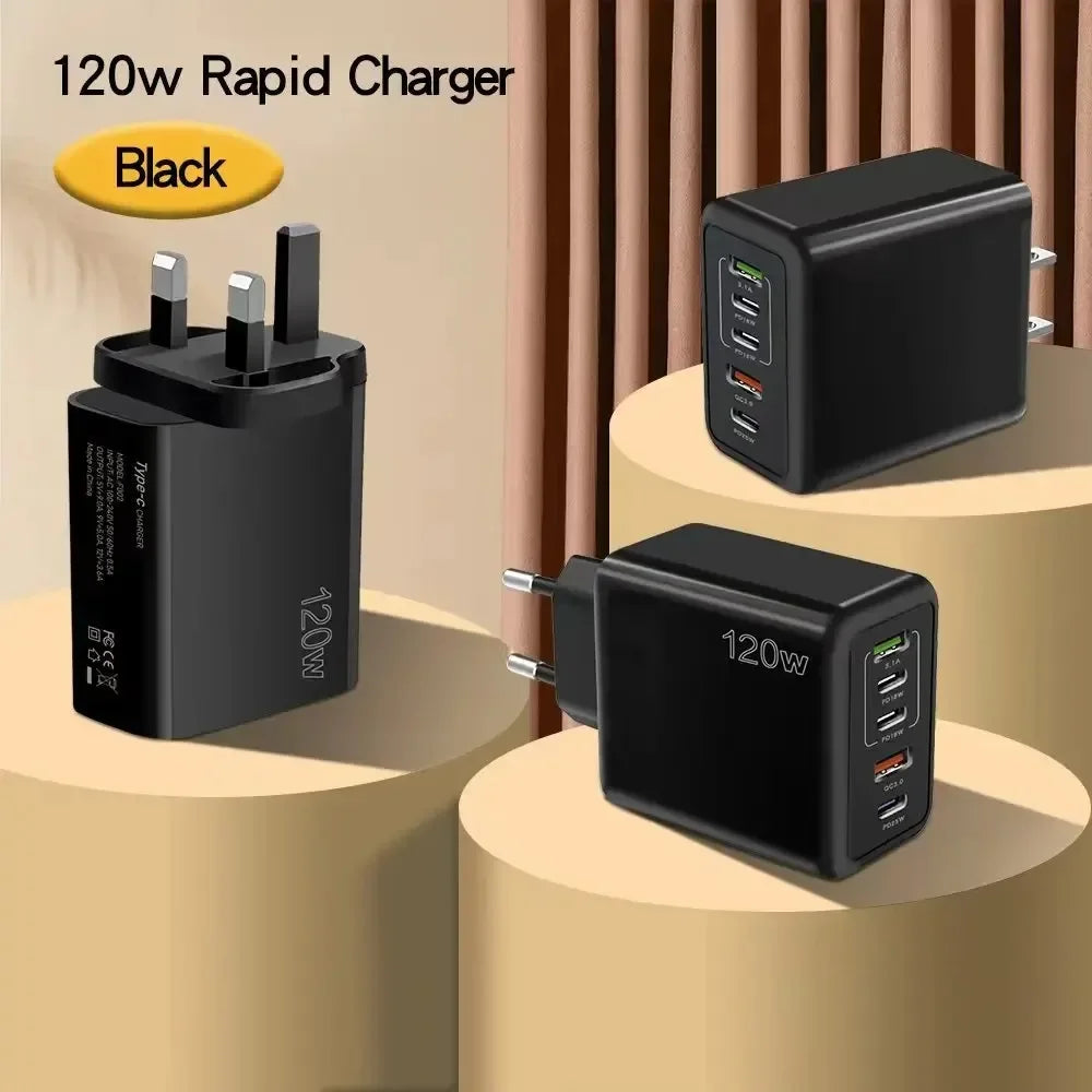 Multi Ports USB C Charger 120W PD Type C Fast Wall Charger EU/US/UK Plug for iPhone Samsung Xiaomi Huawei Mobile Phone Adapter