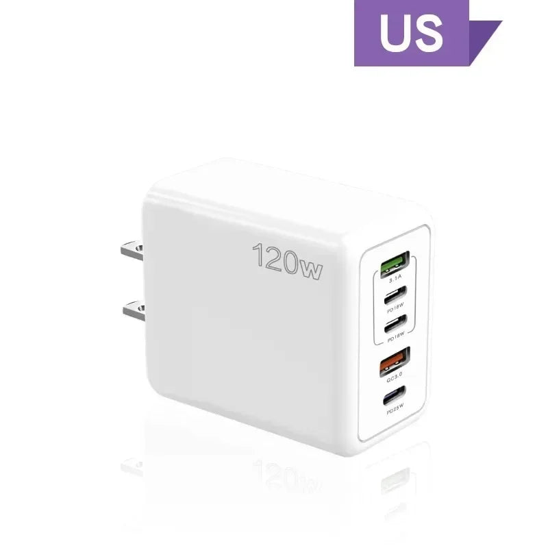 Multi Ports USB C Charger 120W PD Type C Fast Wall Charger EU/US/UK Plug for iPhone Samsung Xiaomi Huawei Mobile Phone Adapter