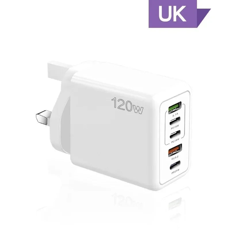 Multi Ports USB C Charger 120W PD Type C Fast Wall Charger EU/US/UK Plug for iPhone Samsung Xiaomi Huawei Mobile Phone Adapter
