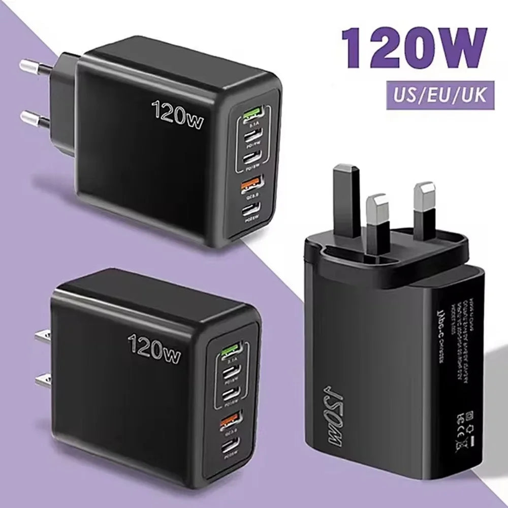 Multi Ports USB C Charger 120W PD Type C Fast Wall Charger EU/US/UK Plug for iPhone Samsung Xiaomi Huawei Mobile Phone Adapter