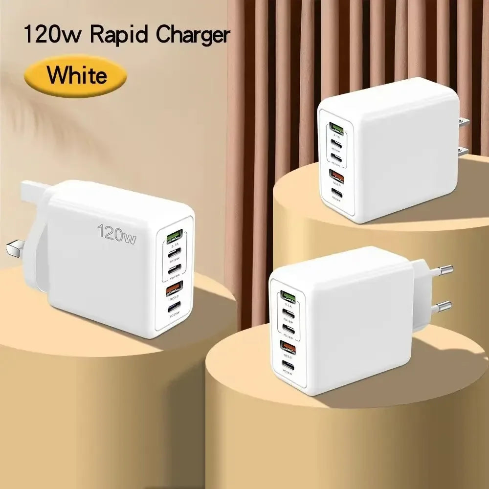 Multi Ports USB C Charger 120W PD Type C Fast Wall Charger EU/US/UK Plug for iPhone Samsung Xiaomi Huawei Mobile Phone Adapter