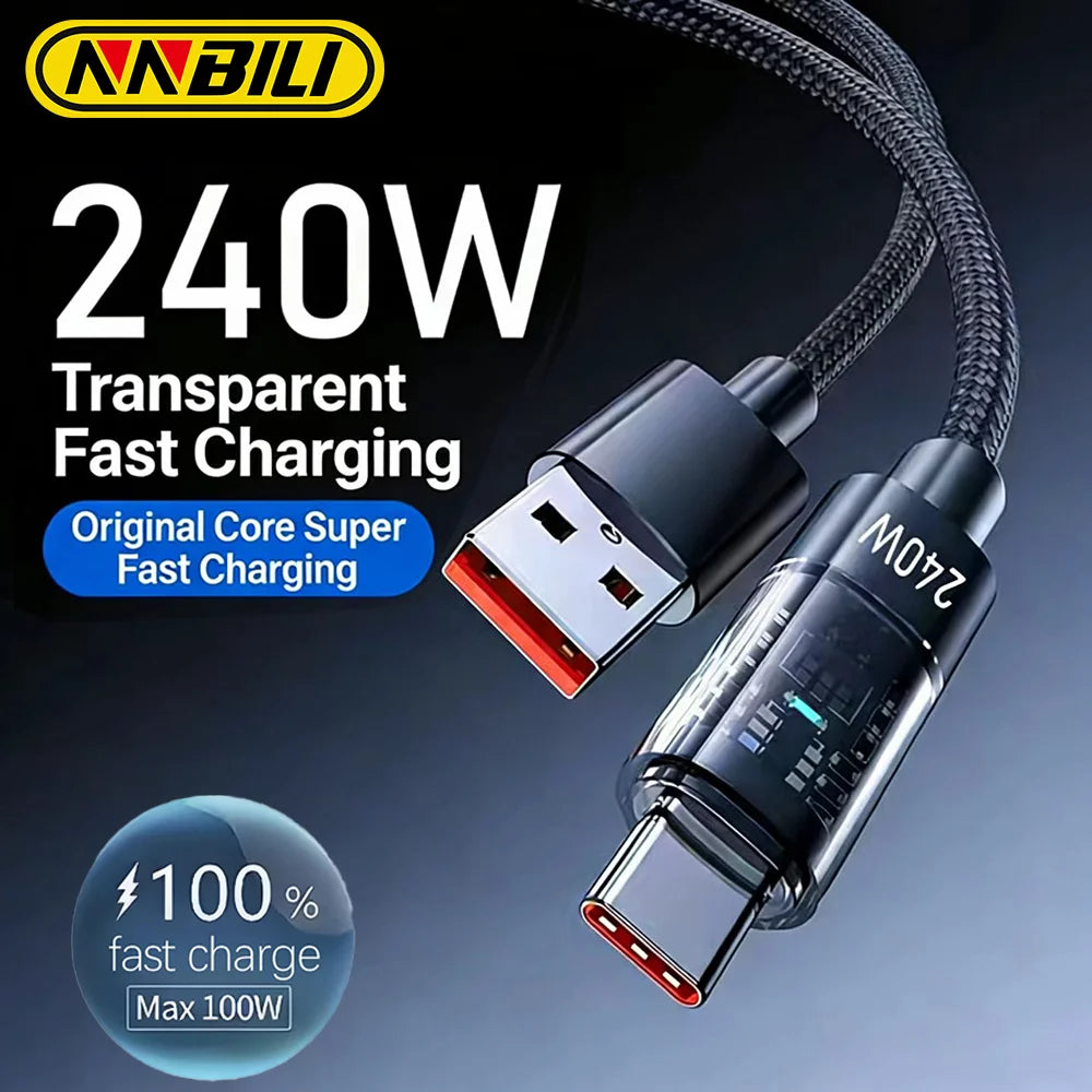 NNBILI 240W Nylon USB A to Type C Super Fast Charging Cable For Samsung S26 Huawei USB C to Type C For iPhone 17 16 Charger Cord